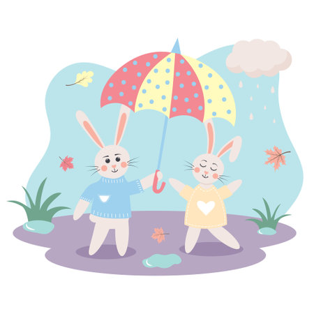 Cute bunnies under an umbrella. Autumn rabbits with falling leaves in pastel colors. Autumn rainy postcard. Bunny or hare - childish mascot 2023 symbol year.のイラスト素材