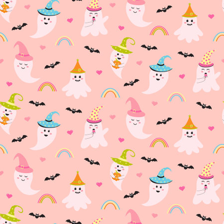 Seamless pattern with cute pink halloween ghost, bats, rainbows and hearts. Creepy baby boo characters print for textile and wrapping.のイラスト素材