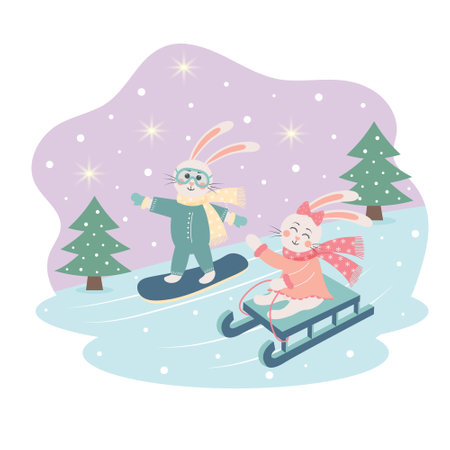 Cute bunnies in warm clothes sledding and snowboarding. Winter greeting card. Bunny or hare - childish mascot 2023 symbol year.のイラスト素材