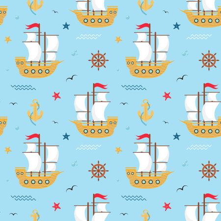 Seamless pattern with sailboat, anchor, steering wheel, starfish, waves, bubbles and seagulls. Nautical print for fabric and wrapping paper.のイラスト素材