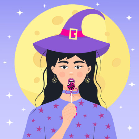 Witch girl in a Halloween hat with lollipop. Beautiful Halloween female character opposite the moon. Magic young woman portrait.のイラスト素材