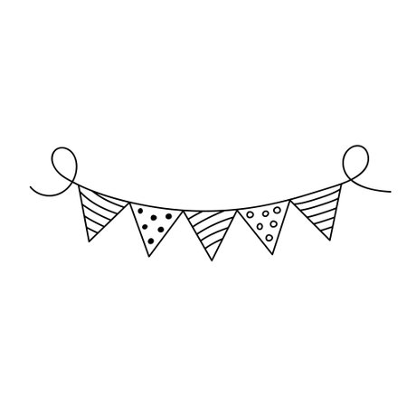 Holiday bunting flags in doodle style. Carnival garland with triangle flags. Black and white vector illustration for coloring book.のイラスト素材