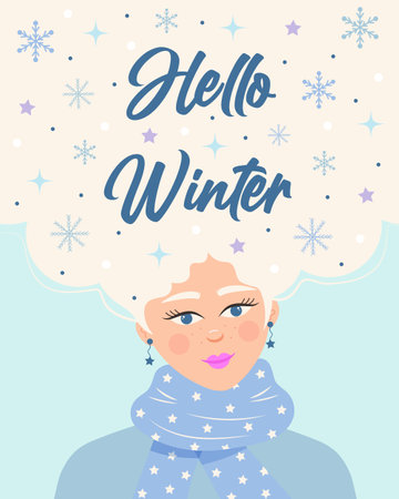Beautiful girl in a scarf with snowflakes, stars and snow in her hair. Hello winter quote. Colorful portrait of female character.のイラスト素材