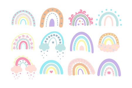 Pastel boho rainbows set. Scandinavian print for baby shower, nursery, playroom, birthday, children's party and other.のイラスト素材