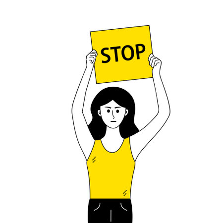 Woman protest with stop banner in doodle style. Social political demonstration, human right, protest, feminism, women's rights concept.のイラスト素材