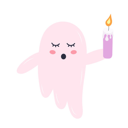 Cute pink ghost with a candle. Halloween funny scary character isolated on white background.のイラスト素材