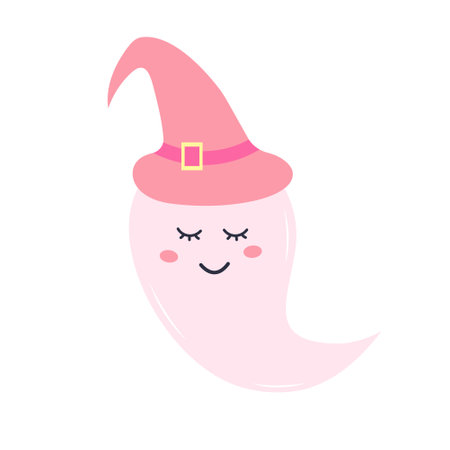Cute pink ghost in a hat. Halloween character isolated on white background.のイラスト素材