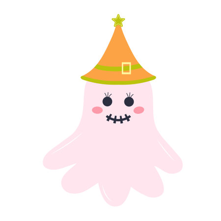 Cute pink ghost in a hat. Halloween character isolated on white background.のイラスト素材