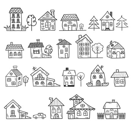 Doodle home set. Hand drawn cute houses of different shapes and types.のイラスト素材
