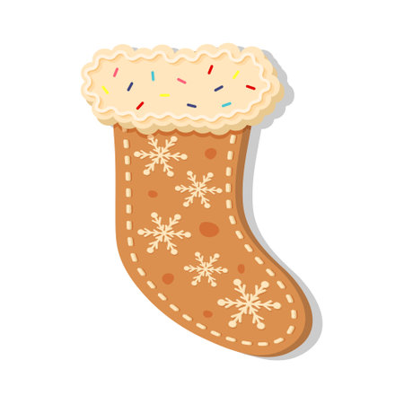 Christmas gingerbread sock with snowflakes. New Year decorative glazed cookie. Winter homemade sweet.のイラスト素材