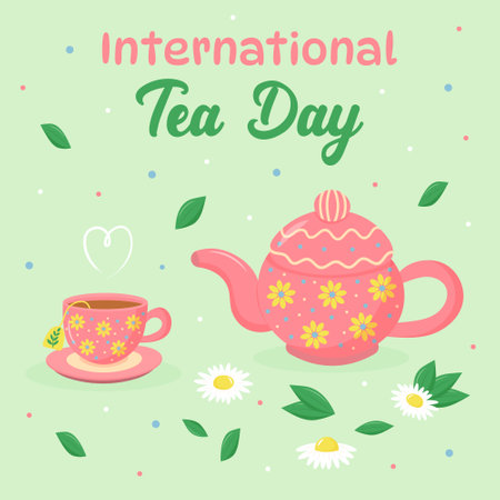 International Tea Day. Tea pot, cup with saucer, daisies and leaves. hand drawn vector illustration.のイラスト素材