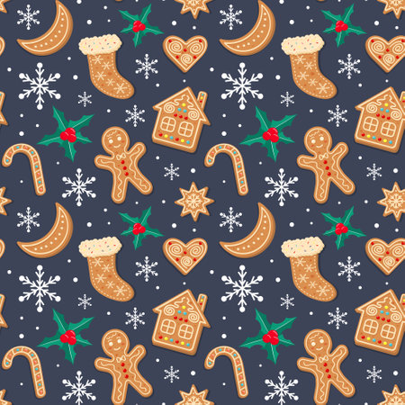 Seamless pattern with Christmas gingerbreads, snowflakes and holly. Xmas homemade biscuits in shape of gingerbread man, house, candy cane, sock, moon and heart on dark blue background.のイラスト素材