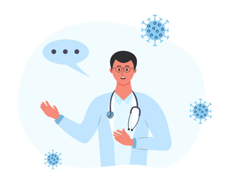Male doctor with stethoscope giving consultation. Informing people about self protective measures, symptoms and prevention. Digital healthcare, online medical consultation and support.のイラスト素材