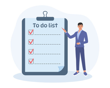 Man is standing next to a large clipboard with checklist. To do list, day planning, time management, prioritizing tasks concept.のイラスト素材