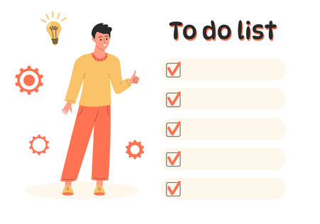 Man showing thumb up and looking at the large to do list. Gear wheels and lightbulb around him. Time management, prioritizing tasks, business idea, plan strategy and organization of efficient workflow.のイラスト素材