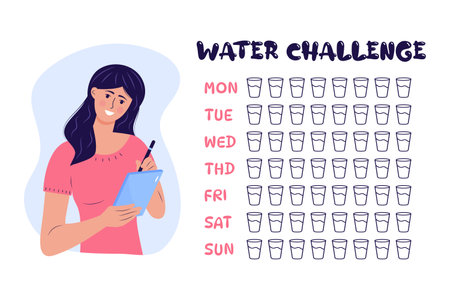 Woman writing in a notebook and daily water tracker, days of week and checklist glasses of water. Water balance tracker with 8 glasses per day rule. Healthy lifestyle, diet, health care, healthy habits and the daily rate of water concept.のイラスト素材