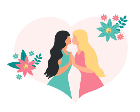 Two beautiful girlfriends kissing. Lesbian family in a heart with flowers. Sweetheart couple together. LGBT girls. Happy colorful characters.のイラスト素材