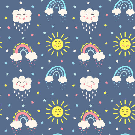 Seamless pattern with stars, kawaii sun, kawaii cloud and magic rainbows on blue background. Design for textiles, texture, fabrics, wallpaper and packaging paper.のイラスト素材