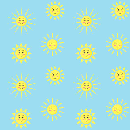 Seamless pattern with kawaii sun characters on blue background. Design for textiles, texture, fabrics, wallpaper and packaging paper.のイラスト素材