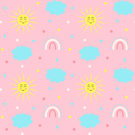 Seamless pattern with stars, kawaii sun, clouds and magic rainbow on pink background. Design for textiles, texture, fabrics, wallpaper and packaging paper.のイラスト素材