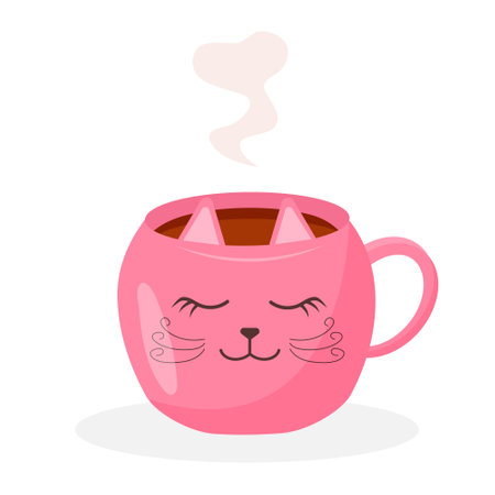 Tea mug with steam. Pink cup in the shape of a cat. Cute hot drink isolated on white background.のイラスト素材