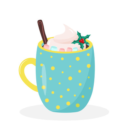 Christmas coffee mug with whipped cream, cinnamon, marshmallow and holly berry. Cute hot drink isolated on white background.のイラスト素材
