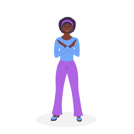 African woman showing refusal or stop gesture with crossed hands. Body language and nonverbal...