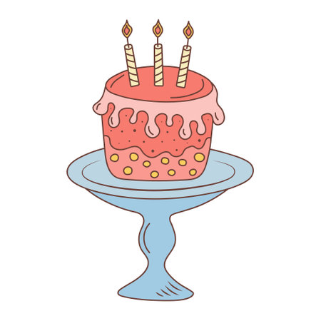 Cake with candles on a plate. Birthday, celebration, holiday, party concept. Hand drawn doodle...