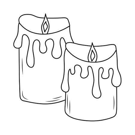 Burning candles with flowing wax. Hygge home decor. Hand drawn illustration in doodle style.のイラスト素材