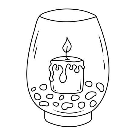 Candle with wax in a vase with stones. Hygge home decor. Hand drawn illustration in doodle style.のイラスト素材