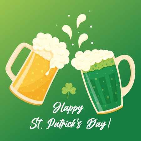 Two clinking mugs of green and lager beer making toast. happy st. Patrick's Day. Glasses with cold foam drink and clover leaf. greeting card.のイラスト素材