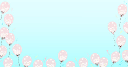 Pastel blue background with pink balloons full of daisies and confetti. Template for advertising, web, party, holiday, birthday, promotion, card, poster, invitation and space for your text.のイラスト素材