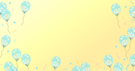 Pastel yellow background with balloons full of daisies and confetti. Template for advertising, web, party, holiday, birthday, promotion, card, poster, invitation and space for your text.のイラスト素材