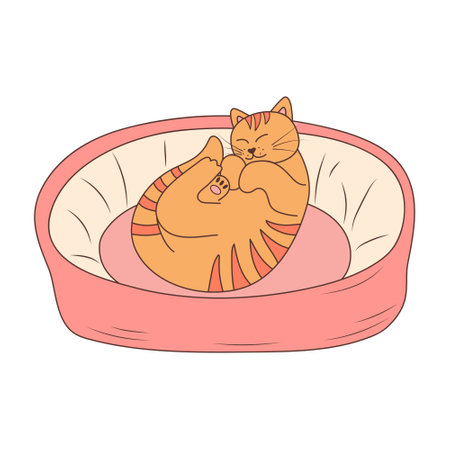Cute cat sleeping in cat bed in doodle style. Sleepy relaxed feline animal lying on pet cushion.のイラスト素材