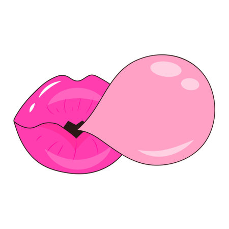 Sexy glossy lips with gum bubble in pop art style. Female mouth inflates a bubble of chewing gum.のイラスト素材