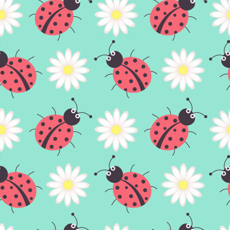 Seamless pattern with ladybugs and chamomiles on pastel green background.のイラスト素材