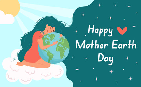 Girl on the cloud hugging planet globe. Happy Mother Earth day lettering in her hair. Environment conservation, energy saving , world peace, ecology support concept.のイラスト素材