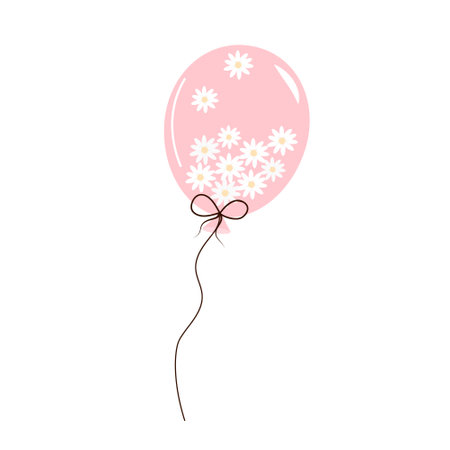 Balloon full of daisies. Flying helium balloon with rope isolated on white background.のイラスト素材