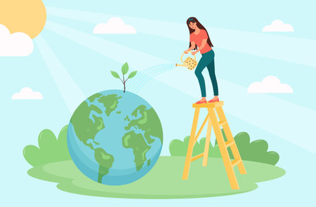 Woman standing on ladder and watering the planet Earth from a watering can. Sprout growing from the ground and the sun shining. The problem of fresh water, environmental protection, climate changeのイラスト素材