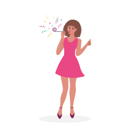 Beautiful woman blowing in festive whistle.のイラスト素材