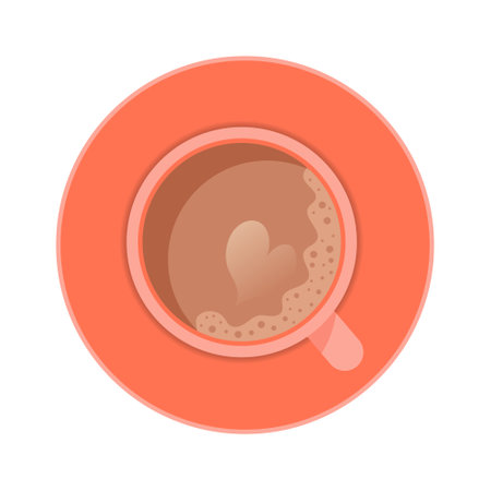 Cup of coffee top view with heart design and foam. Flat icon isolated on white background.のイラスト素材