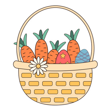 Groovy basket with carrots, Easter eggs and daisy. Vintage hippie psychedelic clipart.のイラスト素材