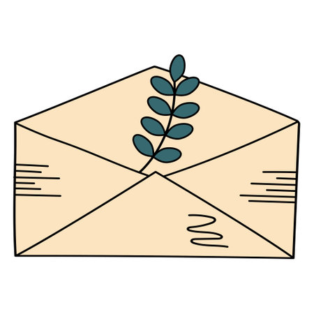 Doodle envelope with twig. Postal vintage element. Mail icon. Vector illustration.のイラスト素材