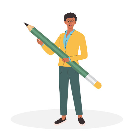 Young afro american man holding big pencil. Student boy with large pencil. Writing, creating, education, copywriting and blogging concept. Flat cartoon character.のイラスト素材