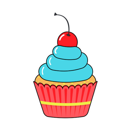 Sweet yummy cupcake with cream and cherry. pop art elements. vector illustration.