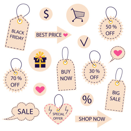 Tags, labels, sale, discount icon set. shopping stickers. Cute template price tags.のイラスト素材