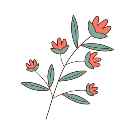 Twig with Flowers and Leaves Isolated on White Background. Floral doodle icon.のイラスト素材