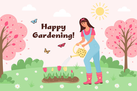 Female gardener watering tulips from a watering can on the meadow. Girl takes care of garden flowers. happy gardening text. Spring, summer landscape background.のイラスト素材