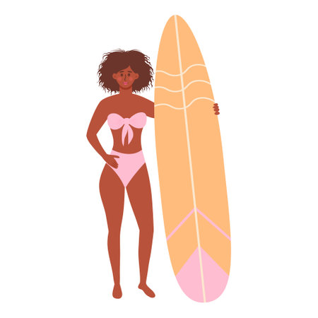 African american woman in swimsuit with surfboard. beach surfer girl. Active summer, Healthy Lifestyle, Surfing, Summer Vacation concept.のイラスト素材