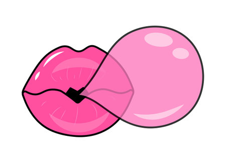 Lips blowing bubble gum. Vintage fashion outline cartoon design. Nostalgia for the 80s, 90s. vector illustration.のイラスト素材